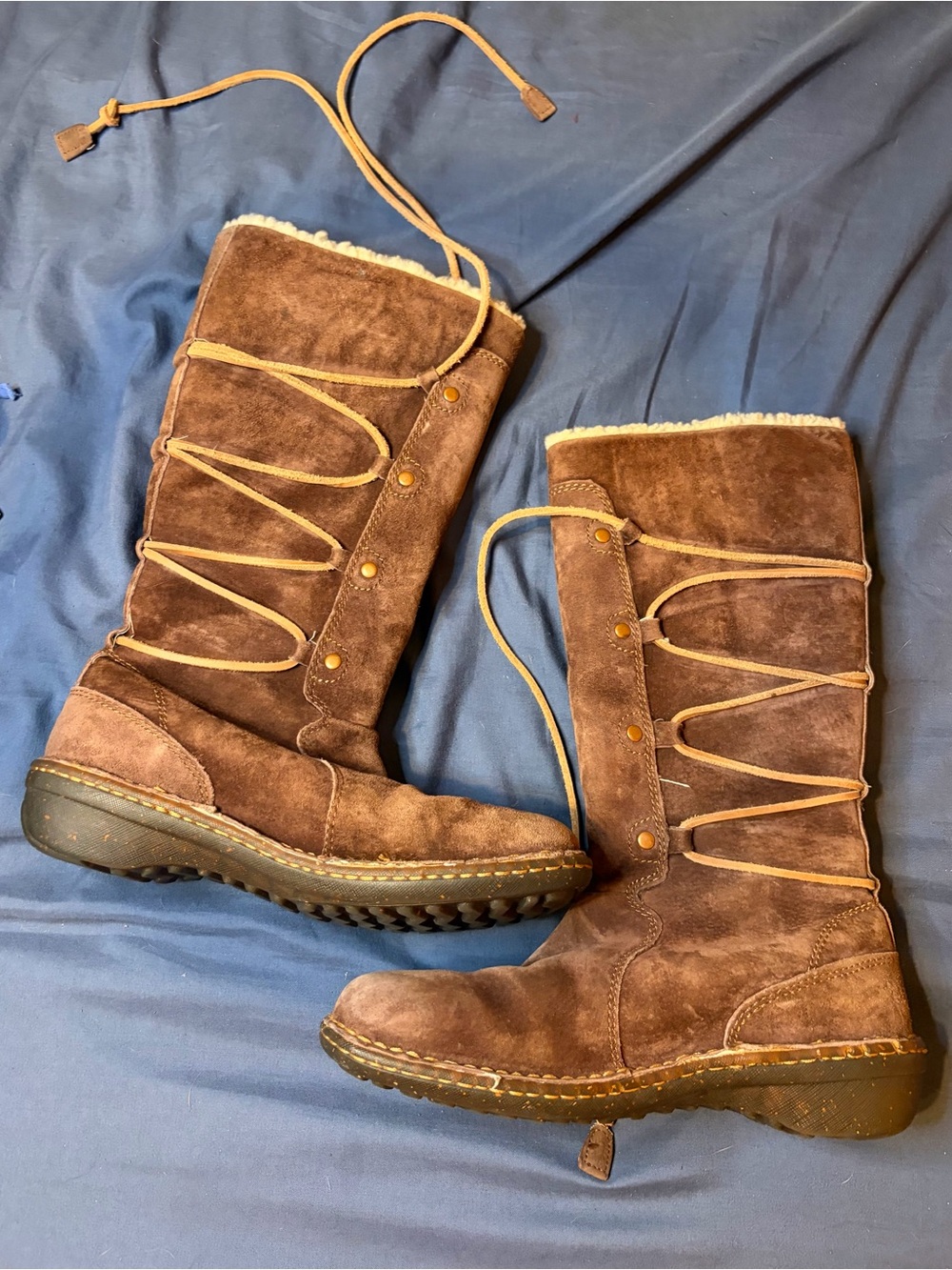 UGG Brown Suede Lace-Up Shearling-Trim Tall Boots